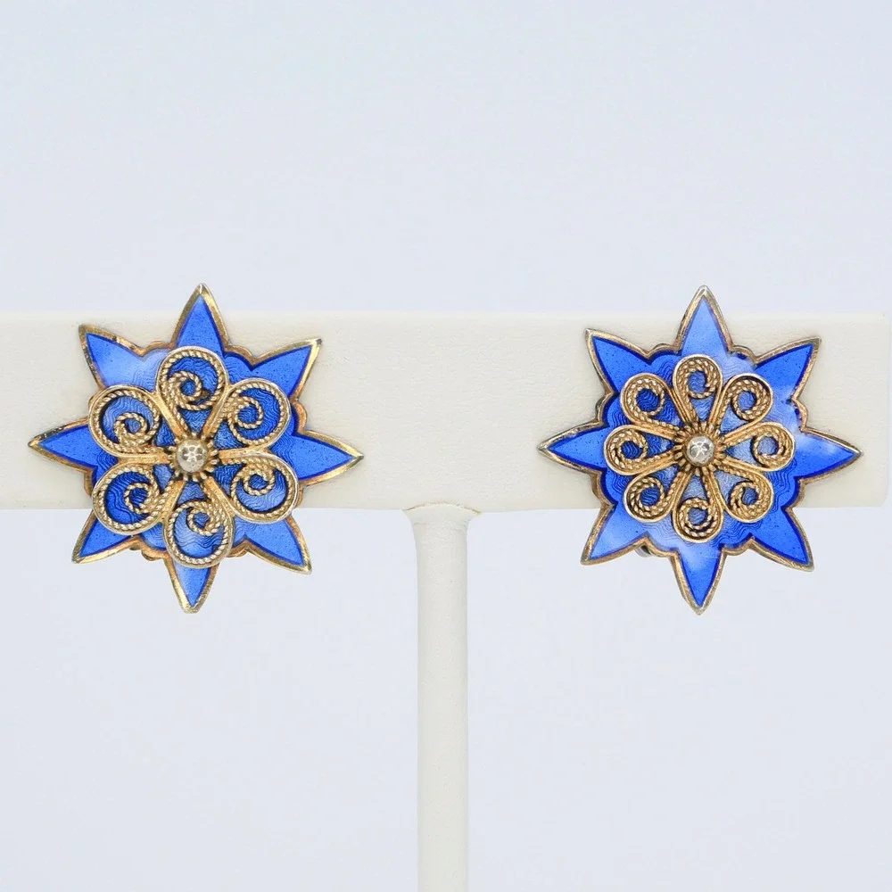 Vintage Ivar Holth Norway 925S Sterling Blue Enamel Starburst Clip On Earrings